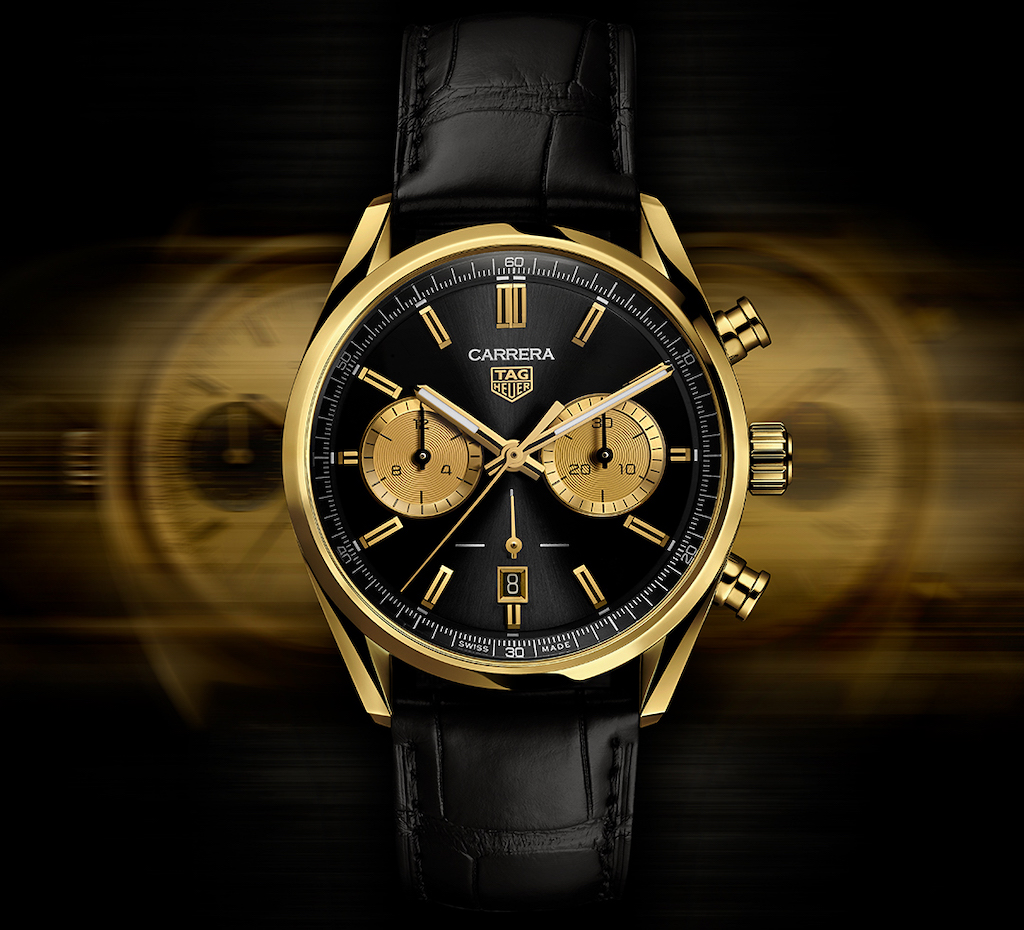 Tag Heuer continues its passion for racing with a new Tag Heuer Carrera Chronograph in striking black and gold