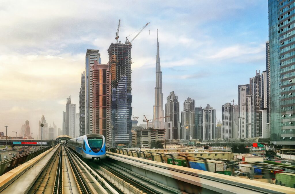 Dubai metro with Burj Khalifa in the background