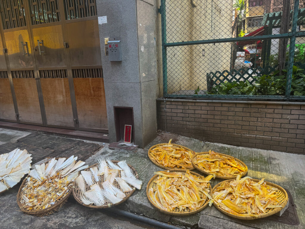 Seafood drying on the sidewalk in Sai Ying Pun