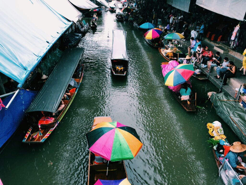 Thailand floating market in rain